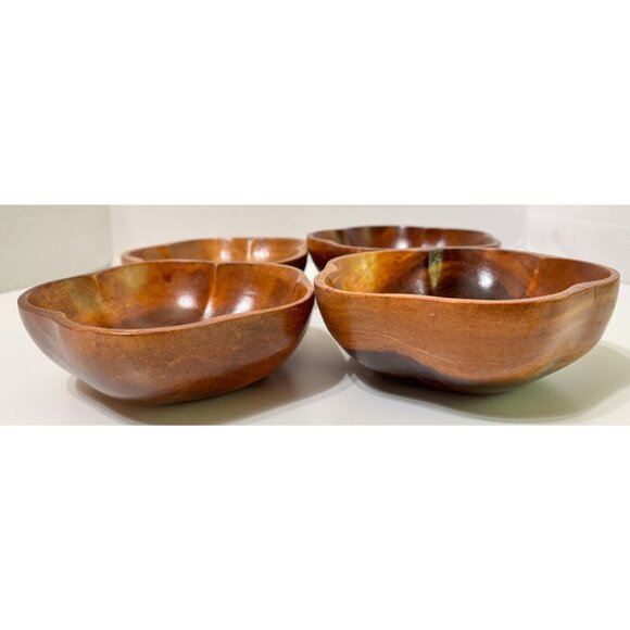 9 Piece Monkey Pod Wood Salad Serving Bowl Set Mid Century Scalloped - Picture 10 of 11